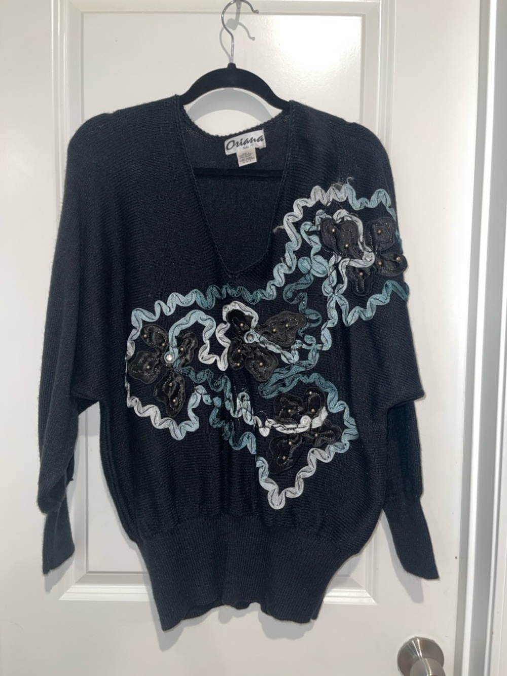 Black V-Neck Embellished Women's Sweater